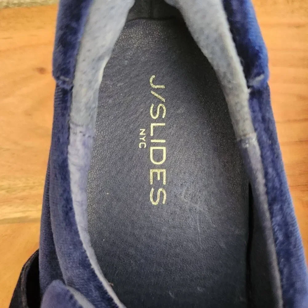 j/slides NYC size 9 velvet navy blue slip on loafers exaggerated large bow tie